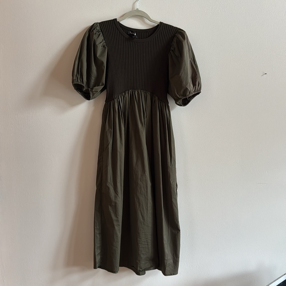 Elegant Olive Green Puff Sleeve Dress